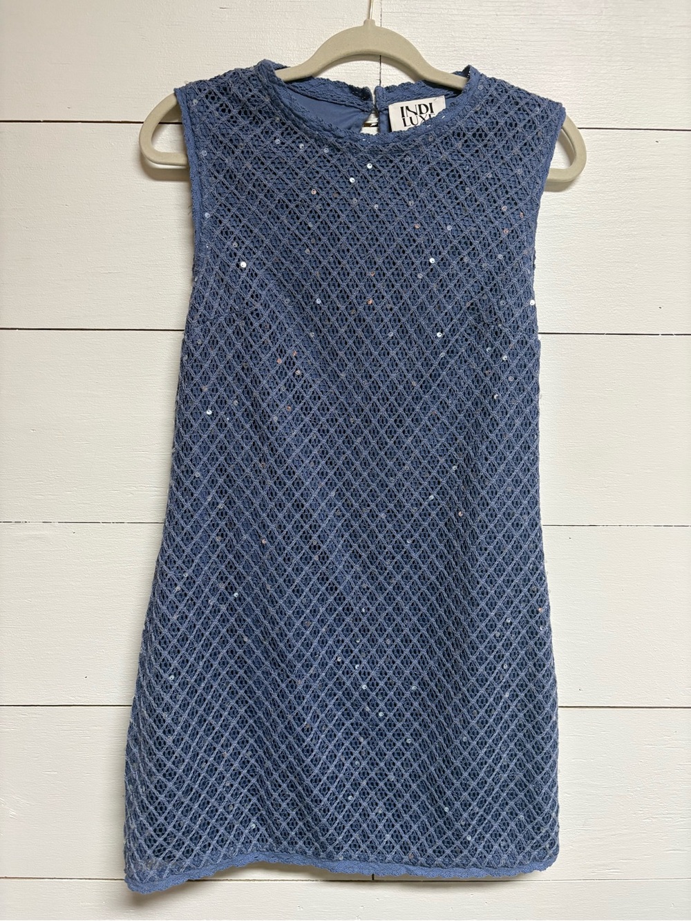 Indi Luxe Alvena Blue Crochet Sequin Shift Mini Dress Size M